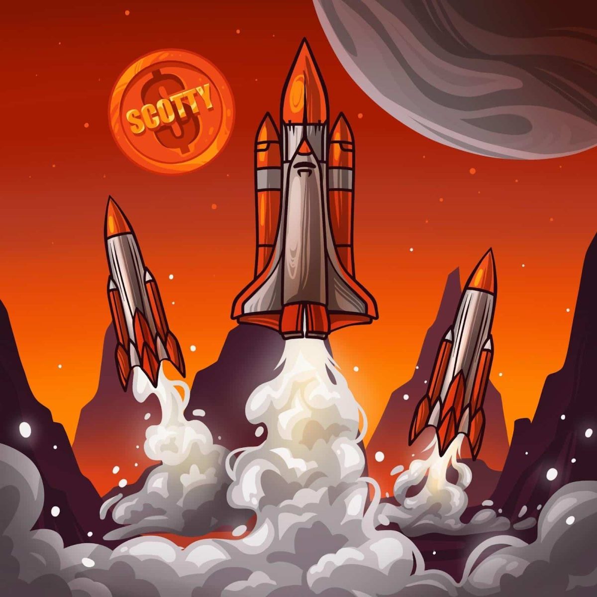 月に向かって発射されたロケット。Scotty the AIが爆上がりすることを暗示している。