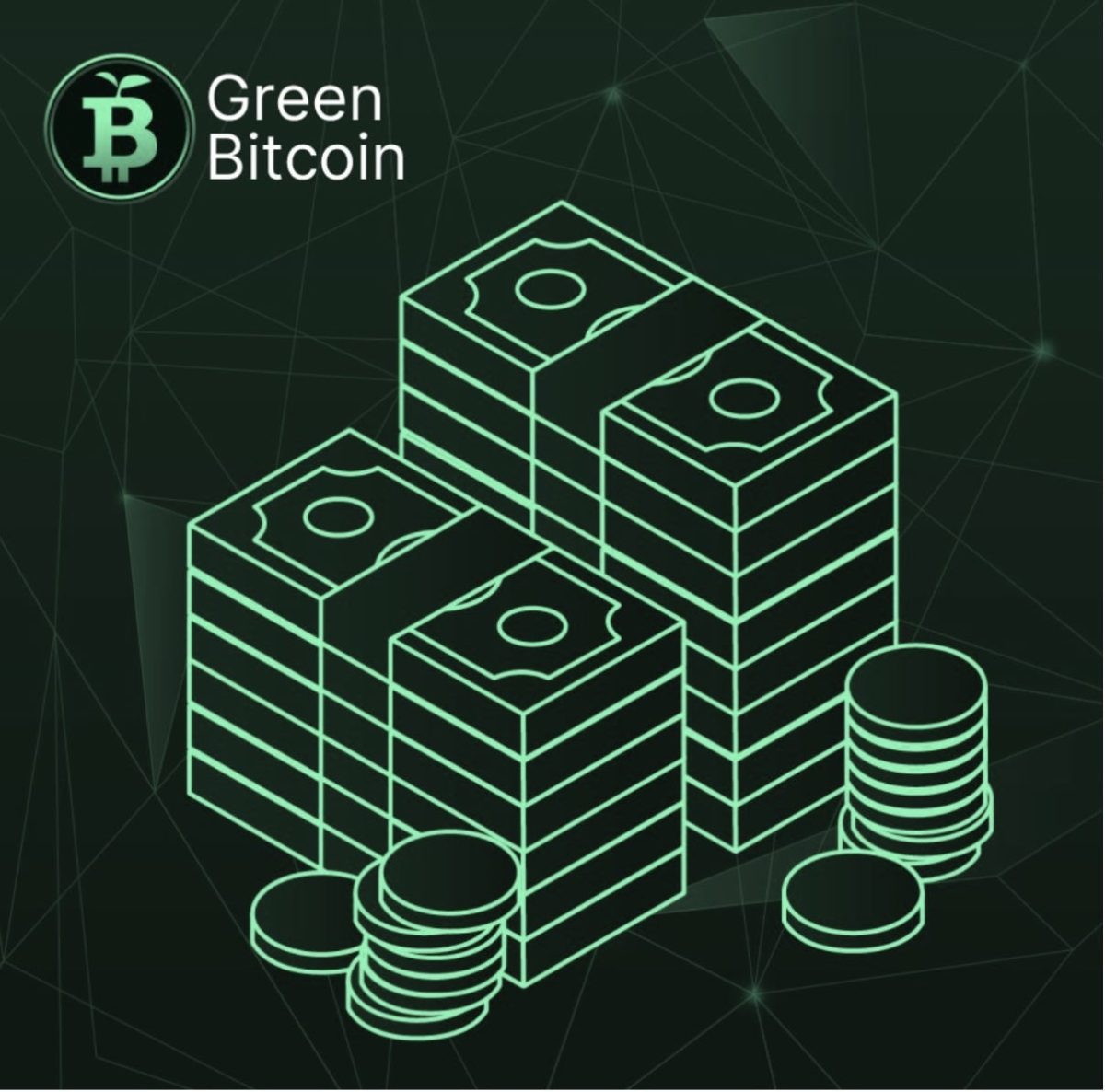 Green Bitcoinのロゴと緑色で描かれた札束、コイン
