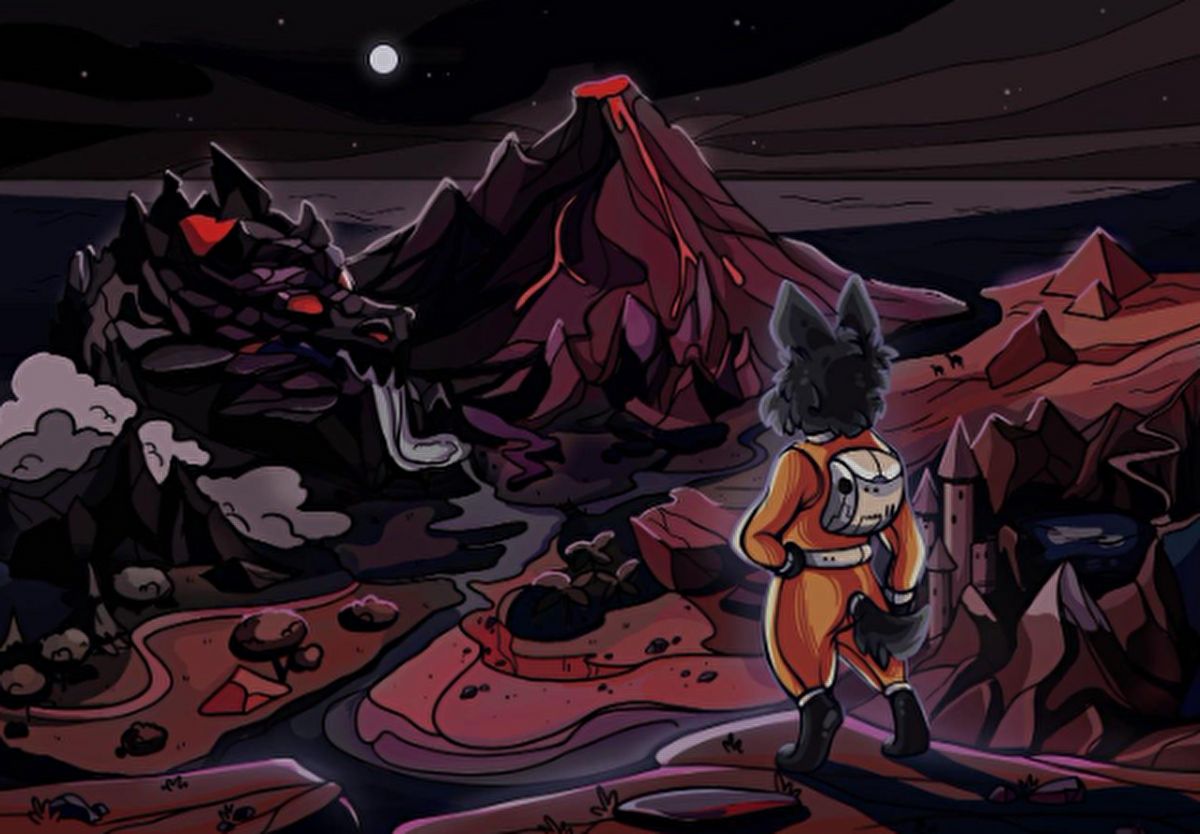 Scotty the AIの犬と荒廃した山並み