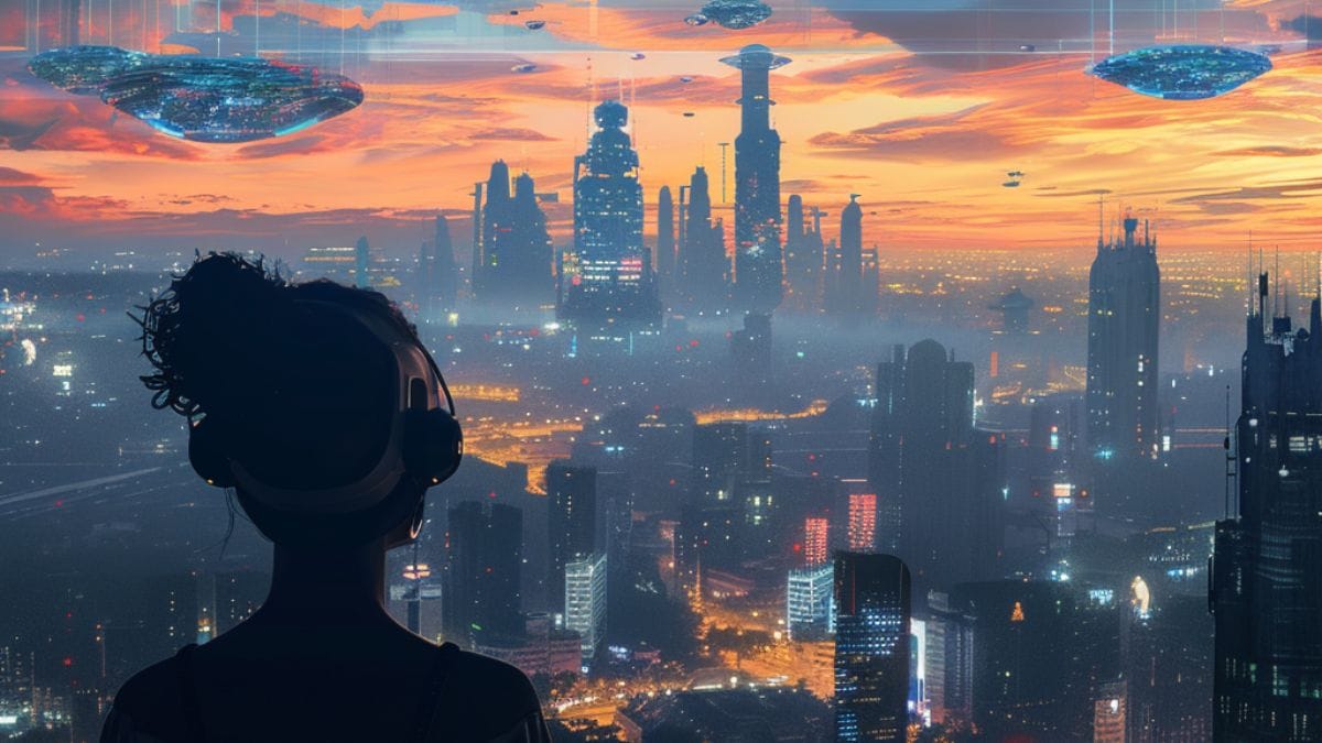 近未来のメタバース世界とその世界をみつめる男の子