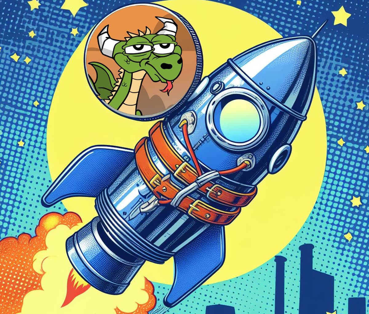 夜の月を背景に飛んでいるロケットとドラゴンをモチーフにしたコイン