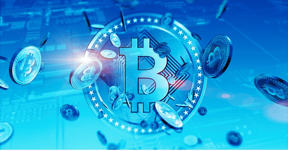 青い空間に舞うビットコイン