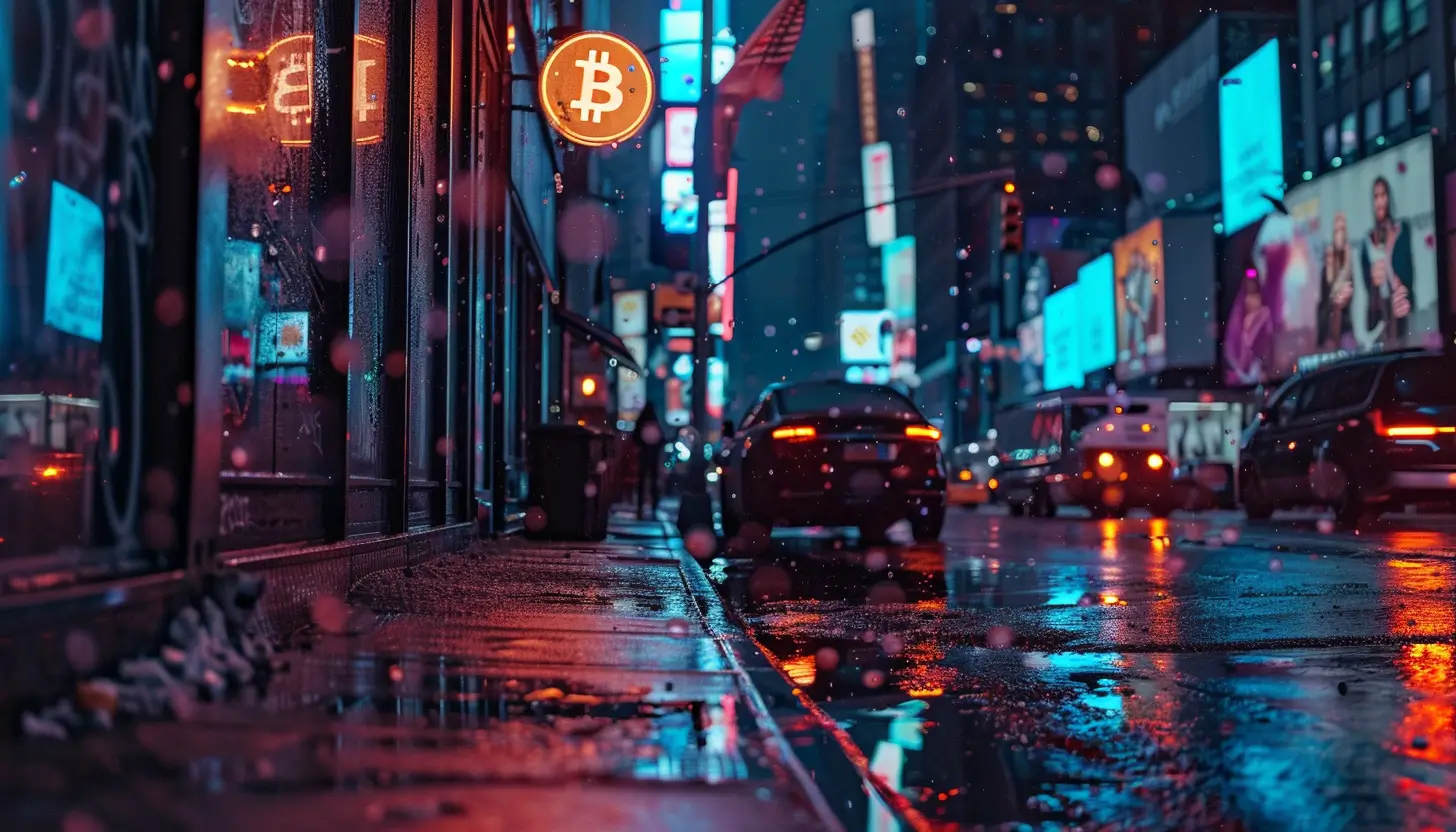 ビットコインのネオンサインが、都会の街並みを照らす未来的な風景
