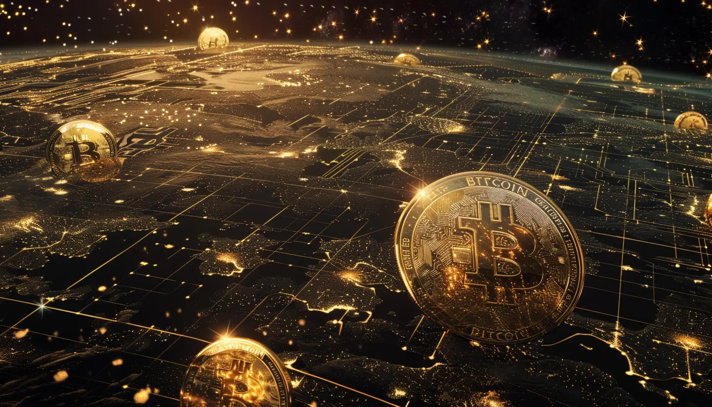 宇宙に浮かぶビットコイン硬貨