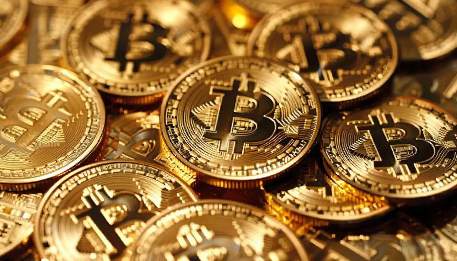 多数の金色のビットコイン硬貨が散りばめられた光景