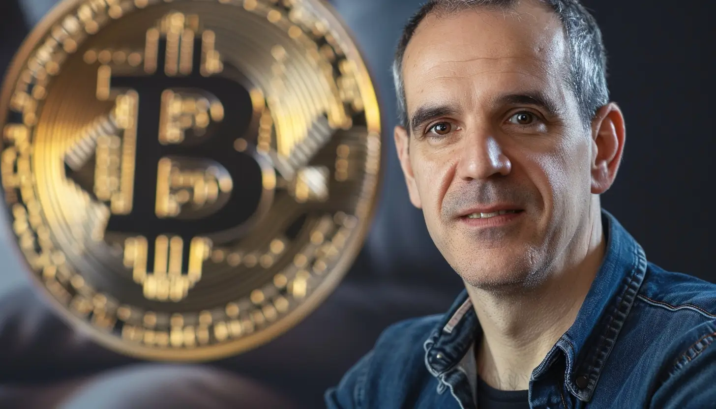 ビットコインと男性が描かれた様子