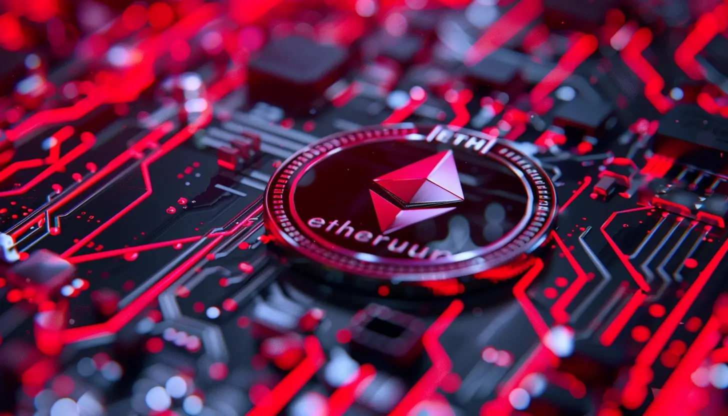 赤い回路基板上のイーサリアムコイン