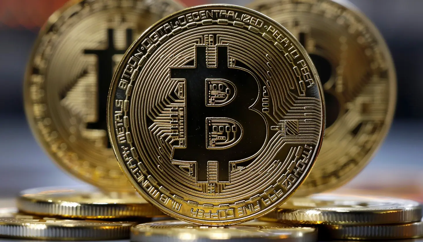 金色のビットコインコインの拡大写真。表面に詳細なロゴと回路模様が見える。