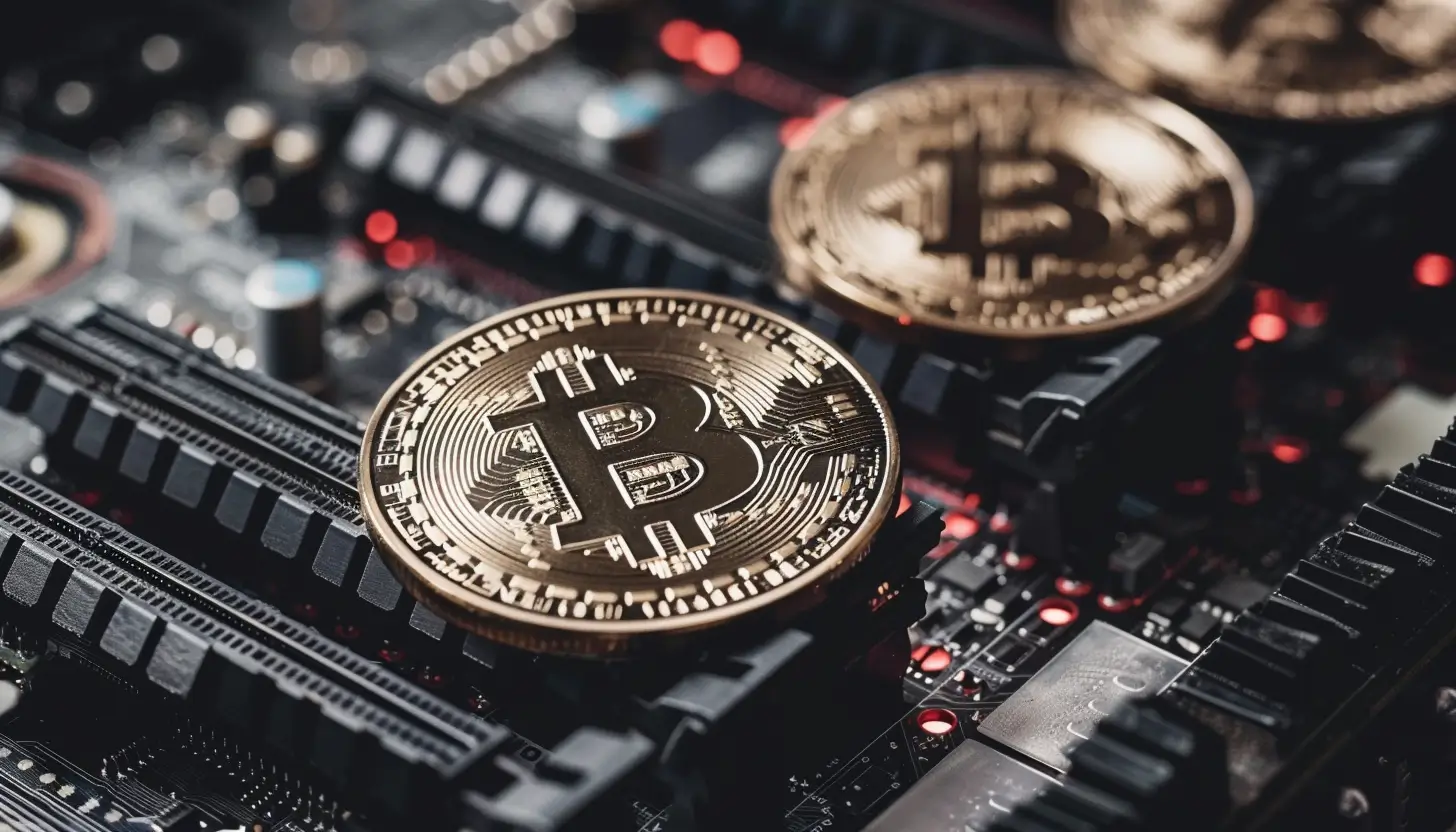 マザーボード上に設置されたビットコインの物理的なコイン。