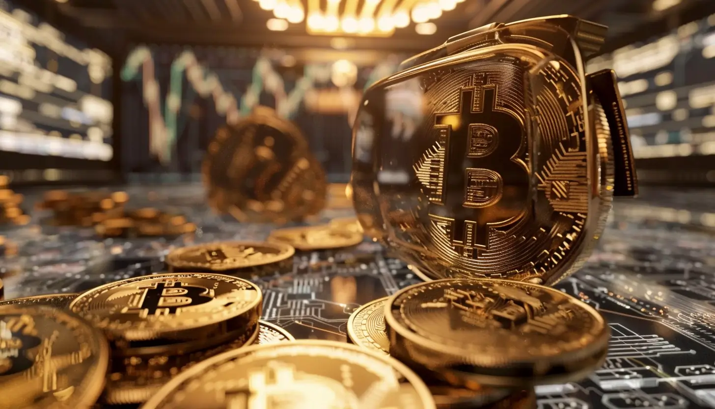 ビットコインの金貨が複数枚散らばる様子