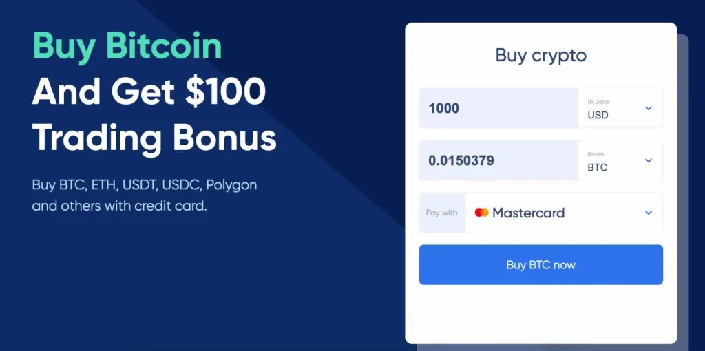ビットコイン購入と100ドルのトレーディングボーナスを宣伝するウェブサイトの画面。