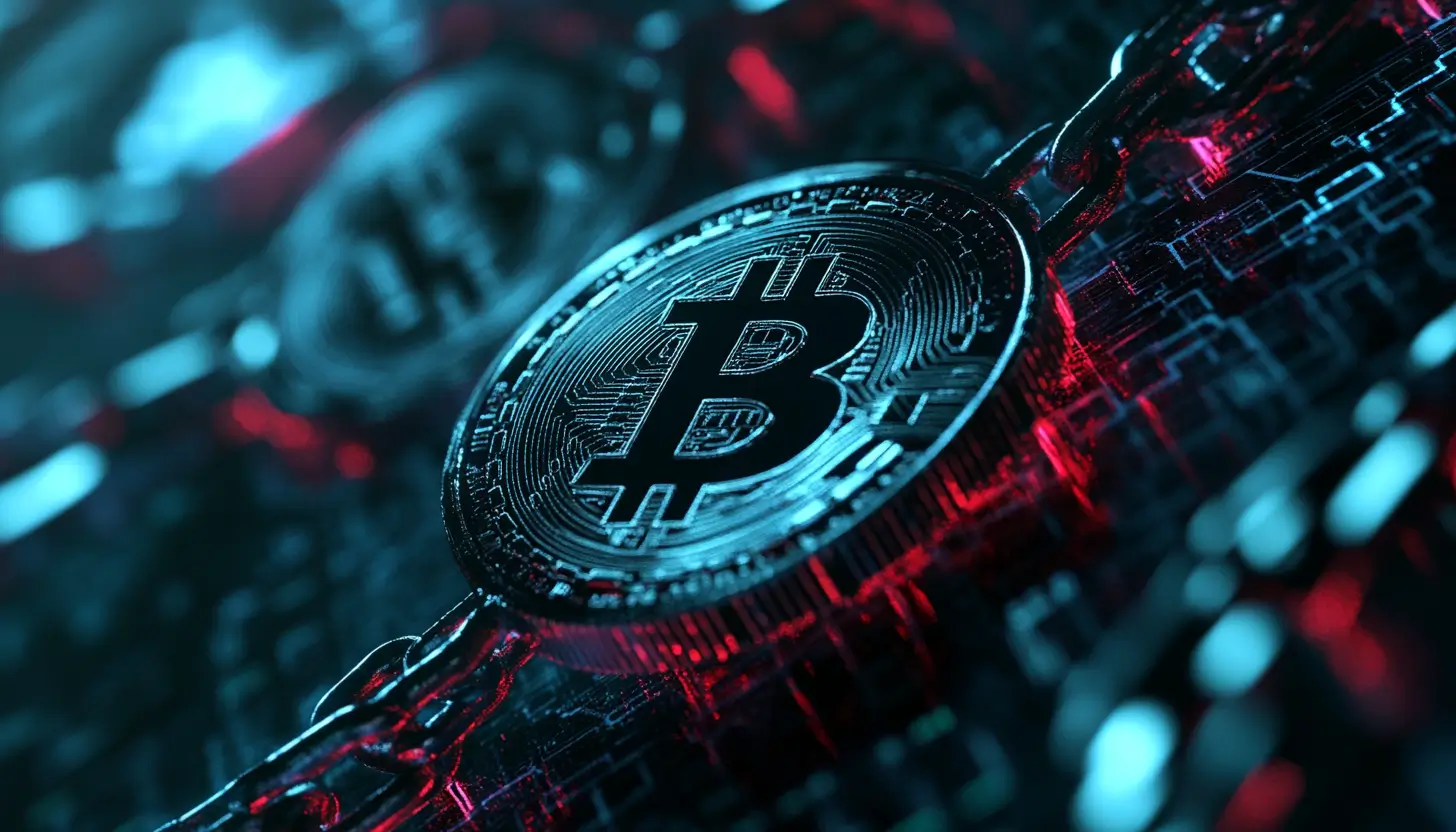 ビットコインのロゴが刻印された仮想通貨コインのクローズアップ。