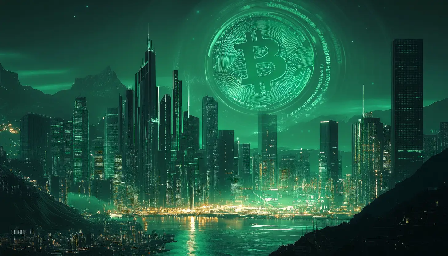 未来的な都市の夜景と、その上空に浮かぶ巨大なビットコインのホログラム