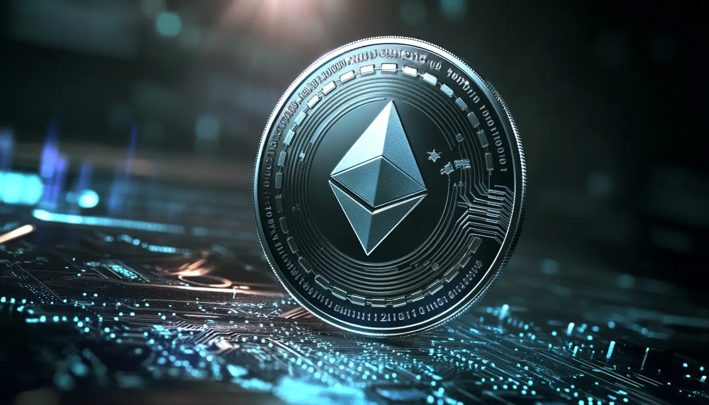 イーサリアムのロゴが刻印された金属製コインのクローズアップ