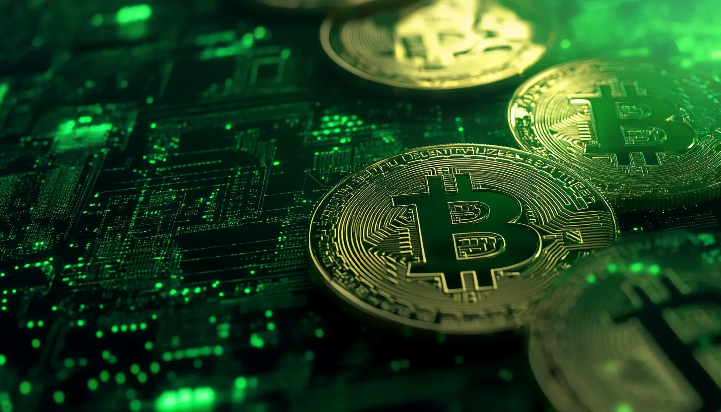 暗い緑色の回路基板の上にビットコインの金色のコインが並んでいる画像。