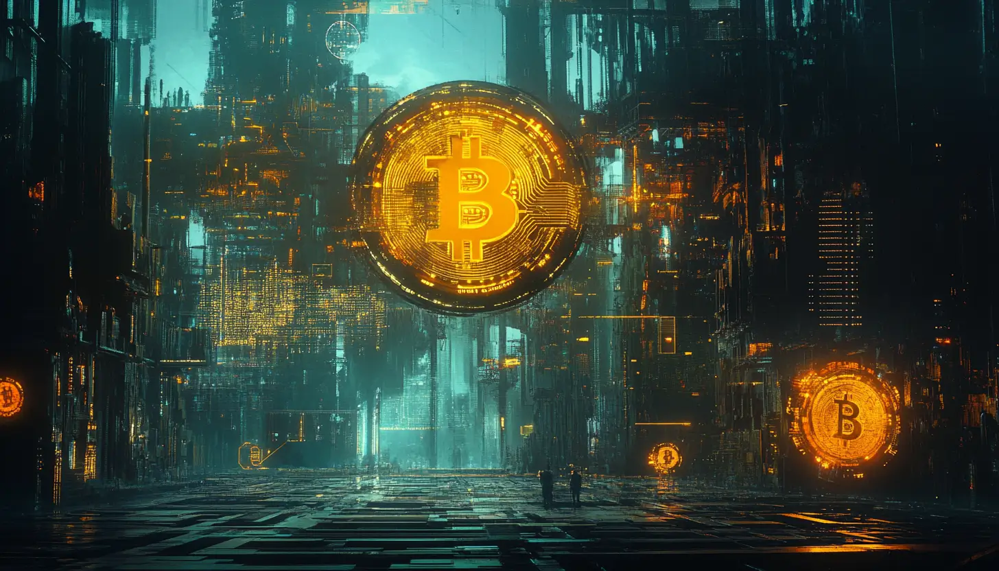 サイバーパンク風の未来都市の中心に浮かぶ巨大な金色のビットコイン