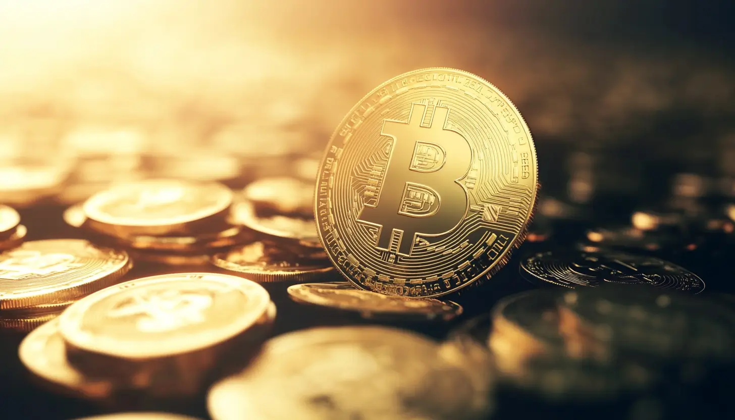 金色に輝くビットコインのコインが他のコインの上に立っている