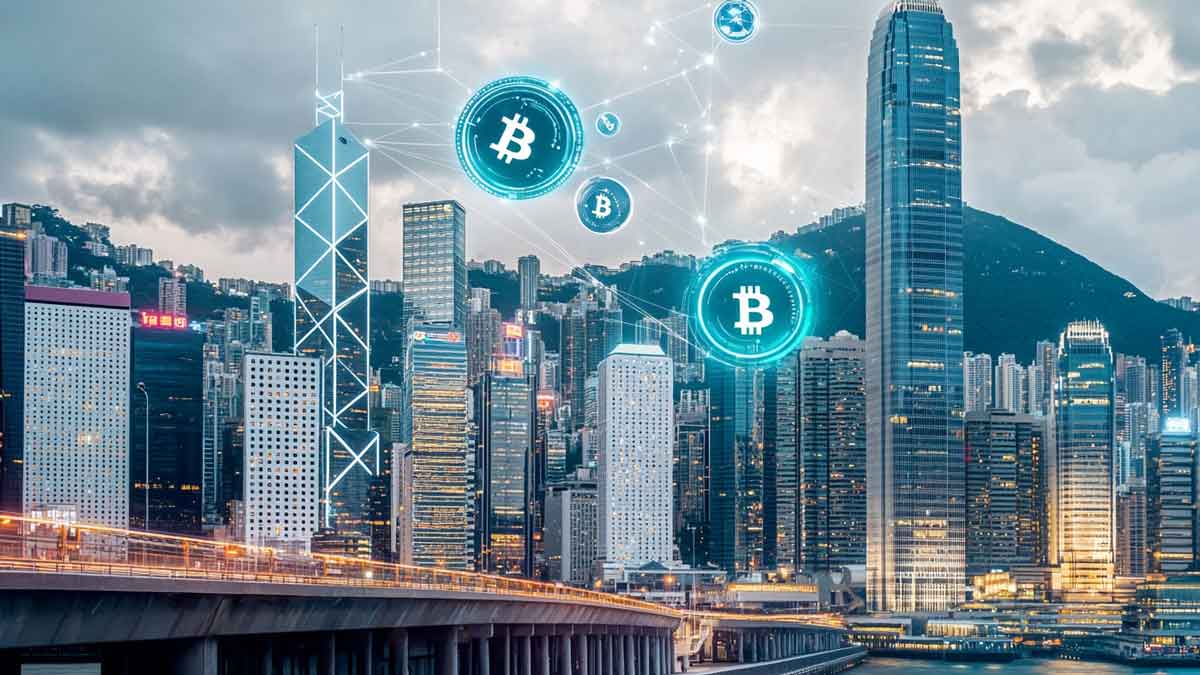 仮想通貨のシンボルが浮かぶ未来的な香港のスカイライン