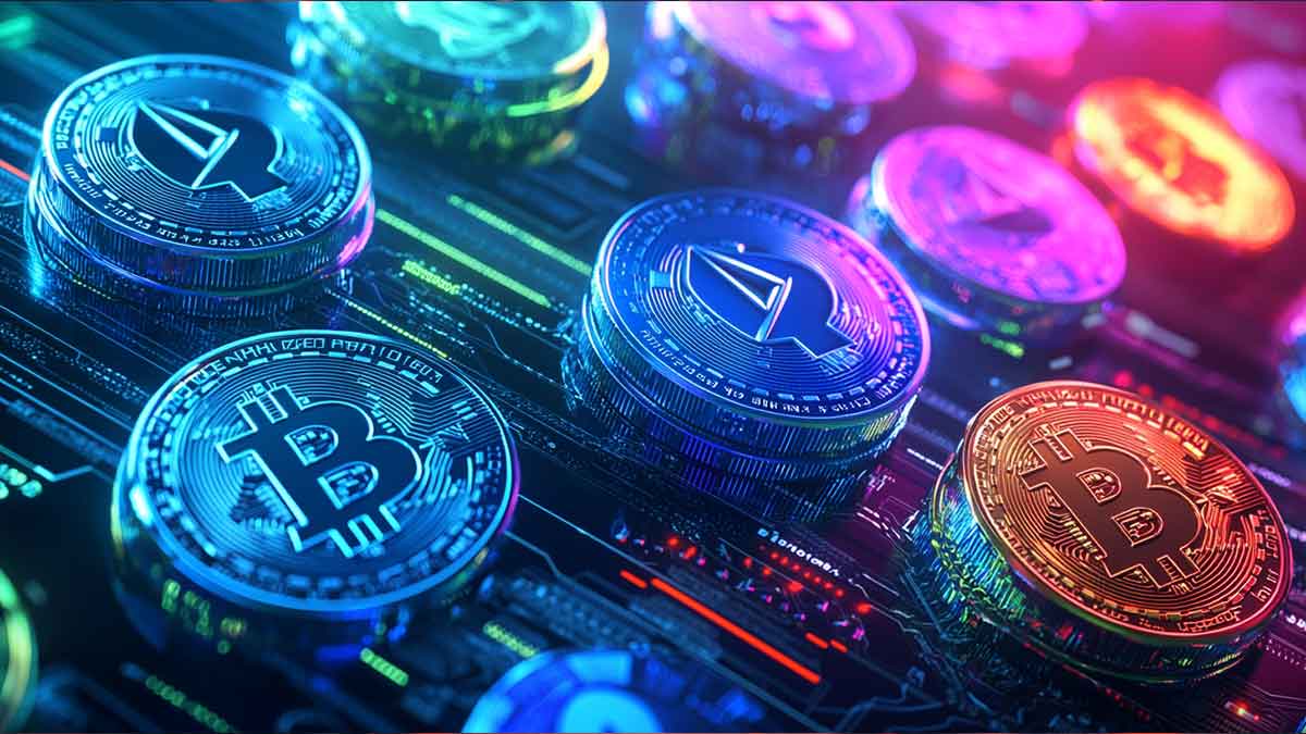 未来的なデジタル取引プラットフォーム上で、複数の色とりどりの仮想通貨コインが均一な青色のUSDCコインに変化していく様子を描いた画像