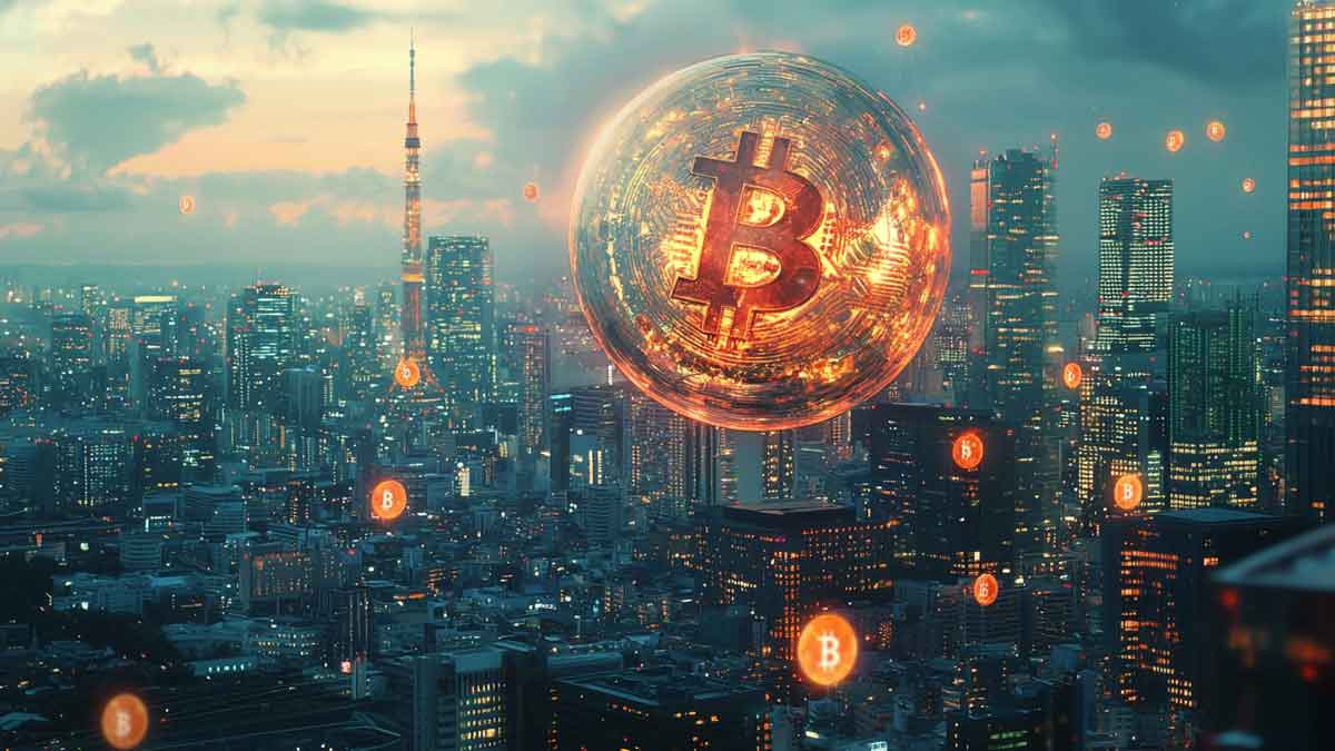 未来的な東京のスカイラインを背景に、円記号が周回する惑星型ビットコインのシュールなデジタルイラスト