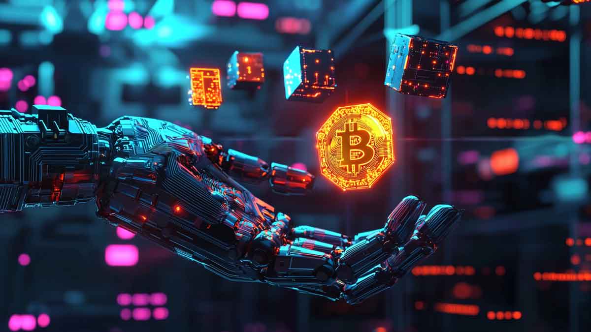 未来的なロボットの手が光る仮想通貨ウォレットを持ち、背景にAI回路パターンとブロックチェーンのキューブが浮かんでいる