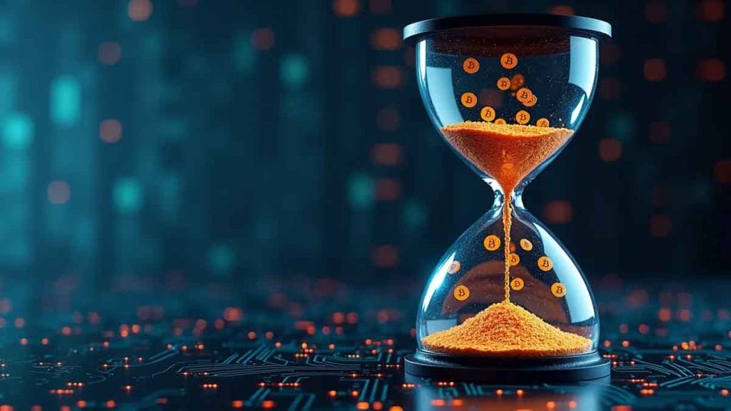 砂時計の中をビットコインが流れ、周囲をコンピューター回路のパターンが取り巻く様子。