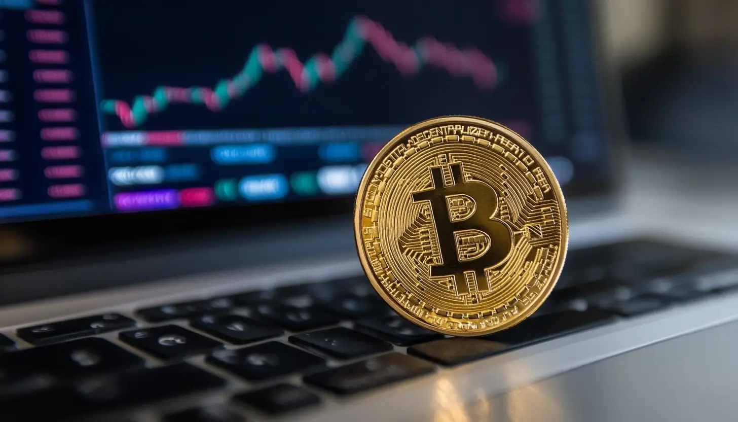 ビットコインのコインがノートパソコンのキーボード上に置かれ、背景に株価チャートが表示されている