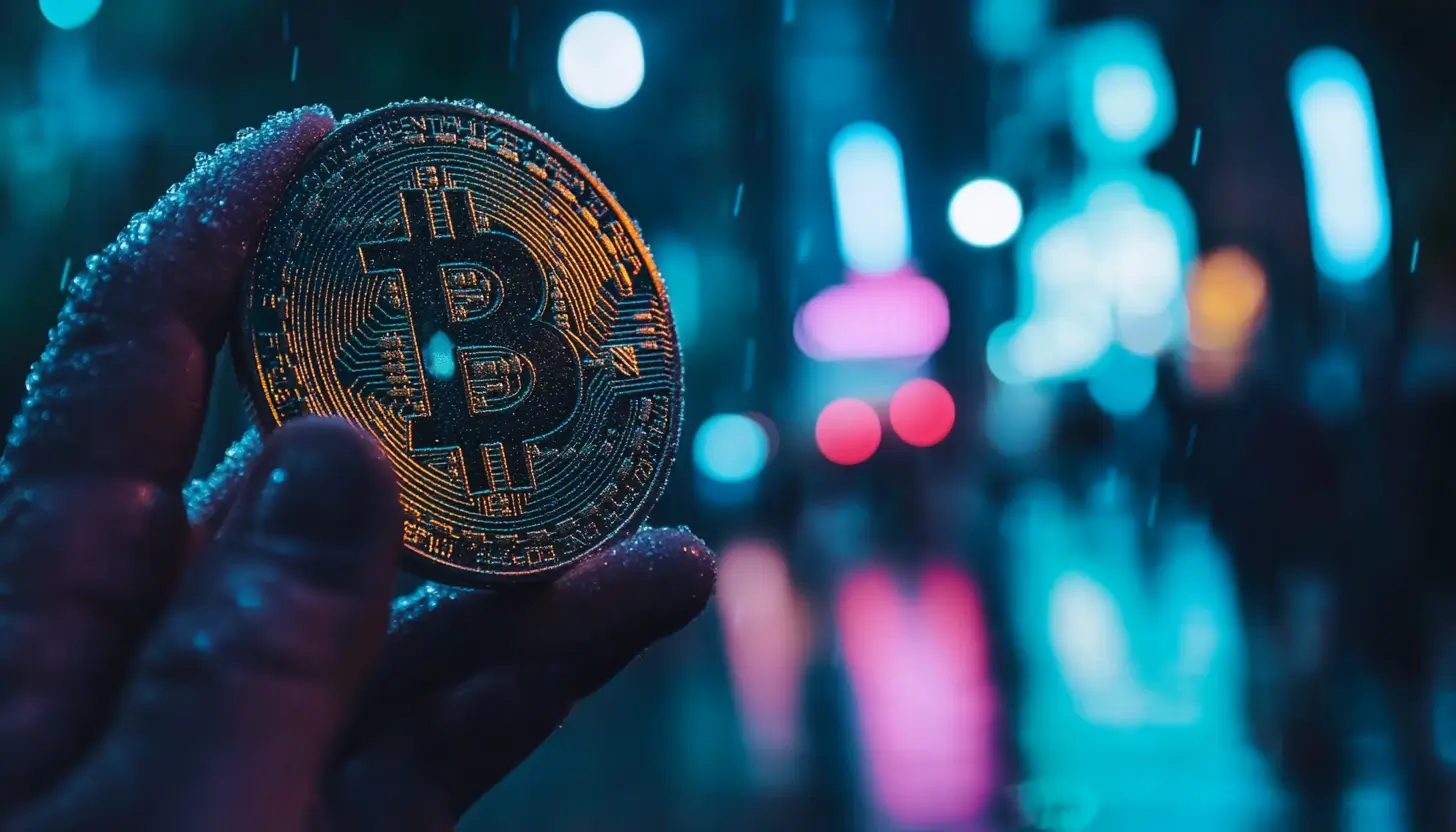 夜の街の光を背景に、指で持たれたビットコインのコイン