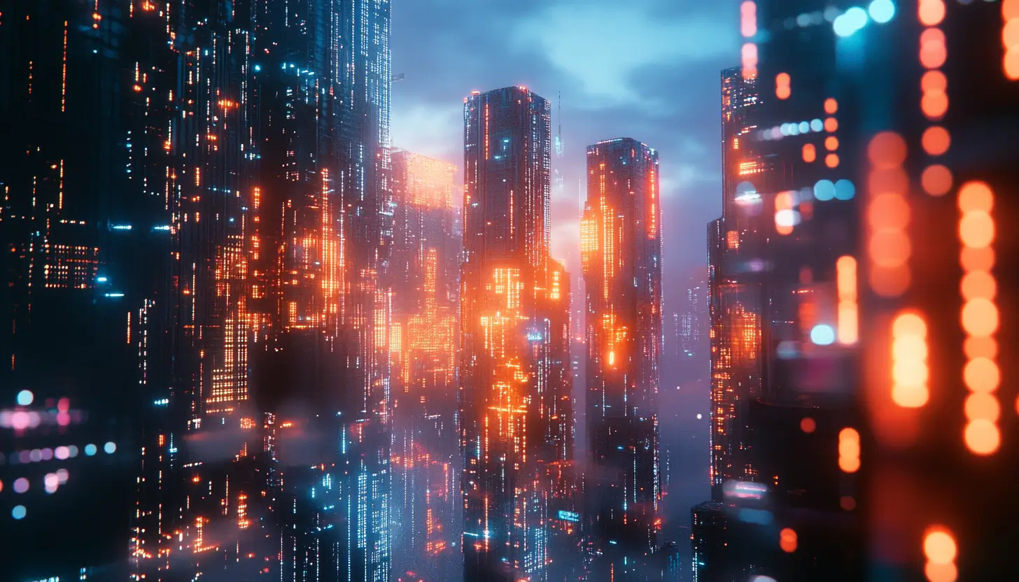 未来的な高層ビル群が立ち並ぶ夜景、オレンジと青の光で彩られた都市風景