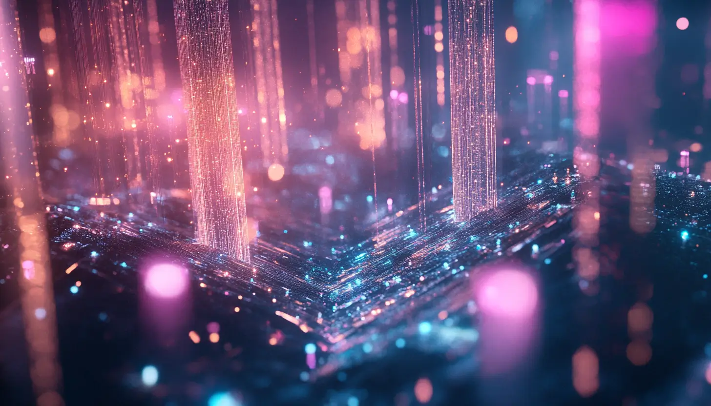 ピンクと青の光で彩られた幻想的なデジタル空間、光の筋が縦横に走る