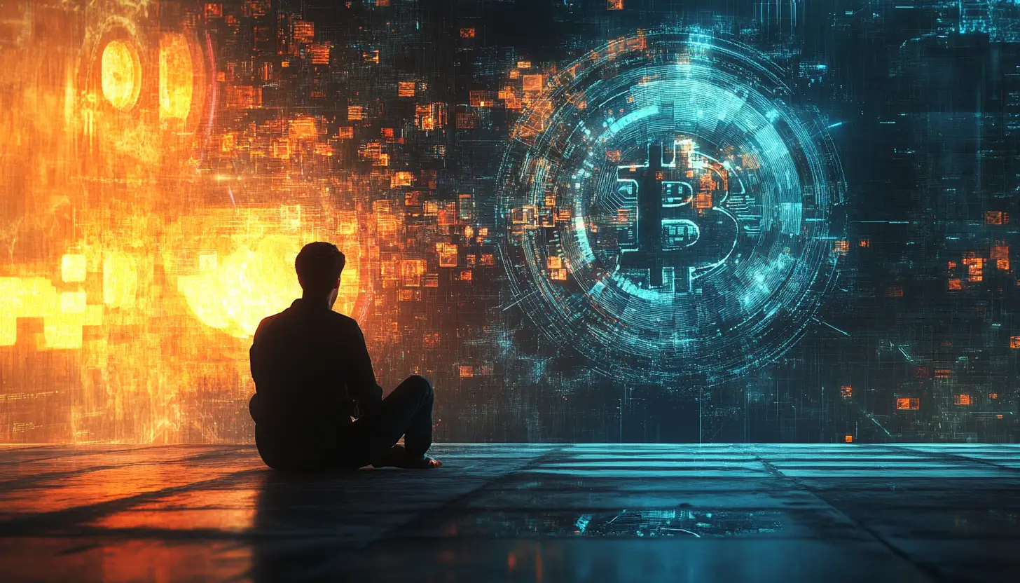 デジタル空間に座る人物のシルエットと巨大なビットコインのホログラム