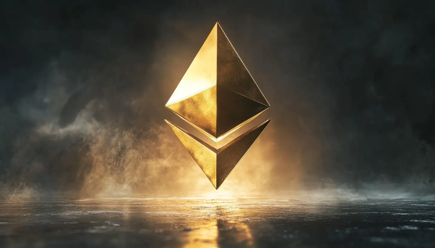 煙の中で輝く黄金のイーサリアムのロゴ