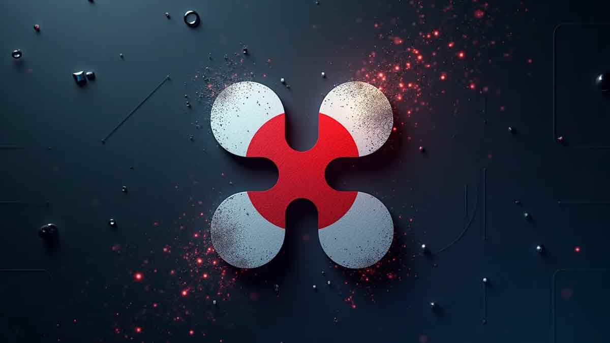 未来的な日本円硬貨がデジタルな波紋に変化する様子。伝統的な通貨とブロックチェーン技術の融合を象徴的に表現。