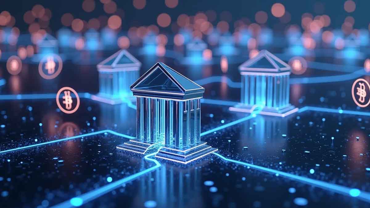 未来的な3D表現で、銀行の建物がブロックチェーンの光る流れで繋がり、デジタルコインのシンボルが周囲に浮かんでいる様子
