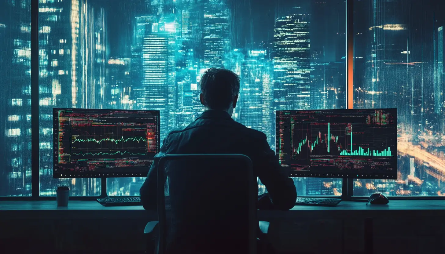 夜の高層ビル群を背景に、複数のモニターで株価チャートを見る男性の後ろ姿