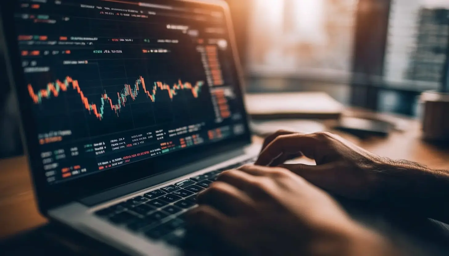 ノートパソコンで株価チャートを分析する手元のクローズアップ
