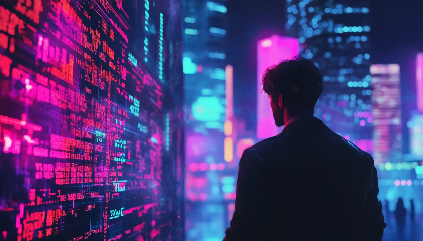 ネオンカラーの未来的な都市を背景に、デジタル取引画面を見つめる男性のシルエット