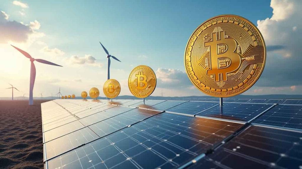 太陽光パネルの上空にビットコインのシンボルが浮かぶ未来的な風景。再生可能エネルギーと暗号資産の融合を表現。
