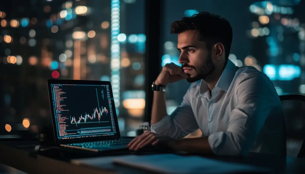 夜の都市を背景に、ノートパソコンで株価チャートを分析する真剣な表情の男性