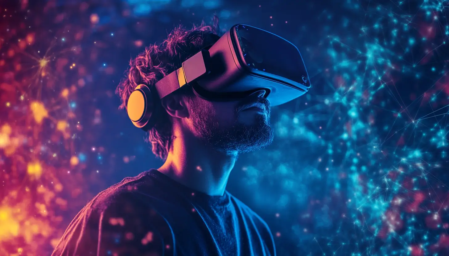 VRヘッドセットを着用した男性の横顔、背景に幻想的な光の粒子が浮かぶ