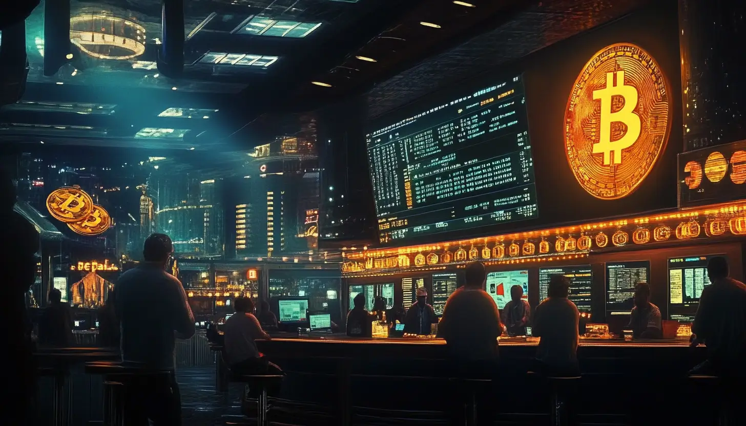 ビットコインのシンボルと取引画面が並ぶ未来的な取引所の内部