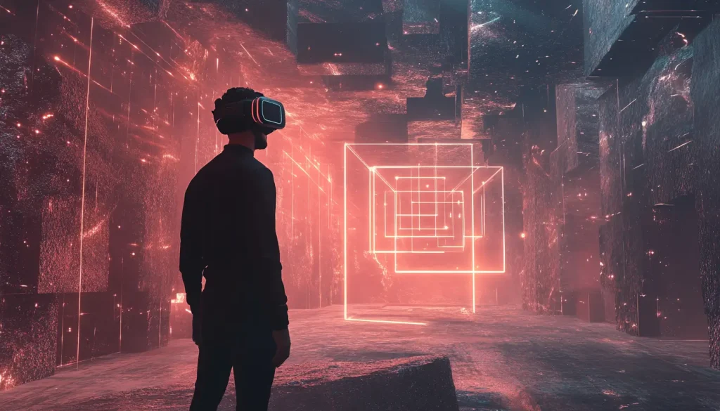 VRゴーグルを着用した人物のシルエットと赤い光で描かれた幾何学的な図形