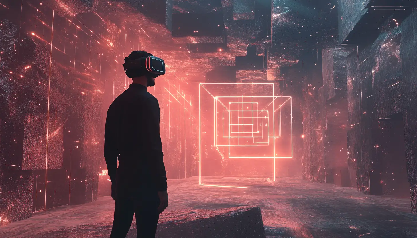 VRゴーグルを着用した人物のシルエットと赤い光で描かれた幾何学的な図形