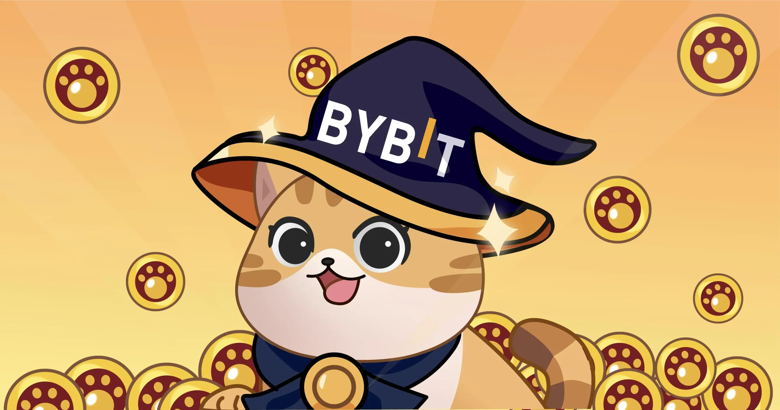 BYBITと書かれた帽子をかぶった猫のキャラクターと、周囲に浮かぶコイン