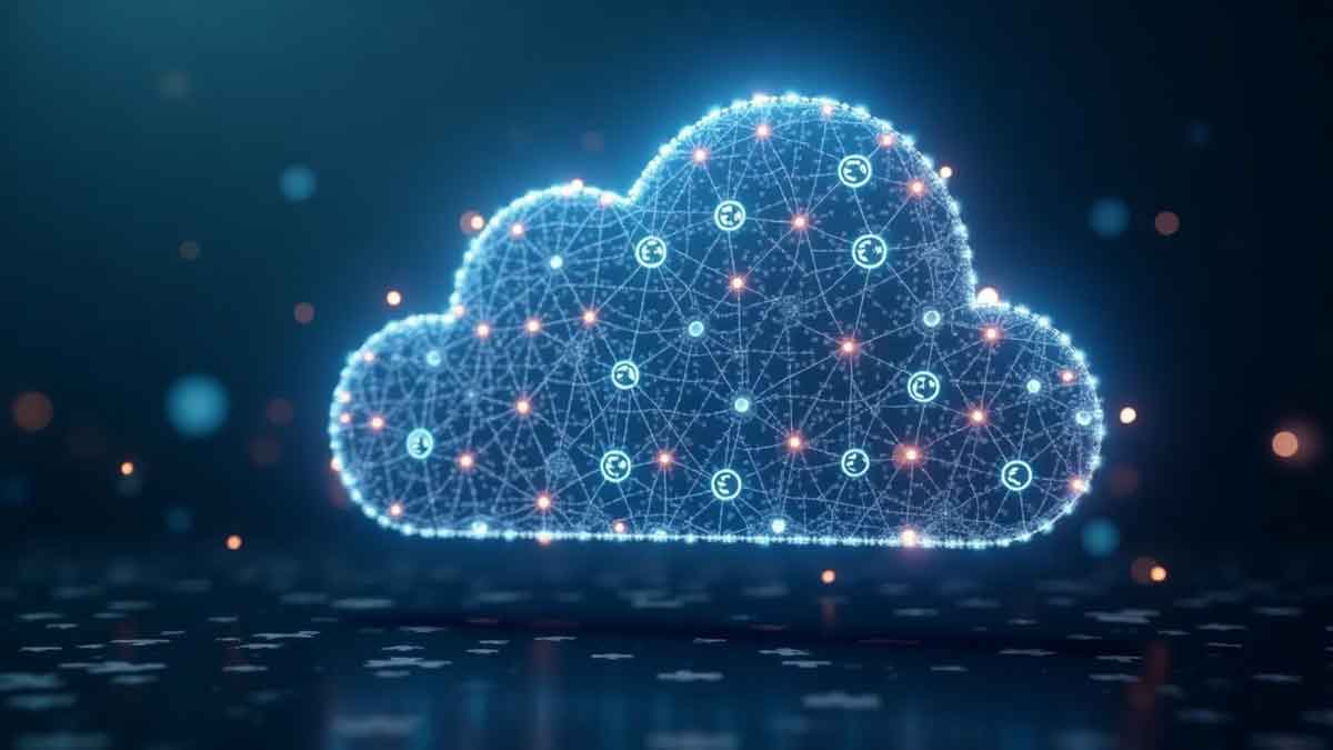 複数のパズルピースで構成された未来的な雲の周りを、光る仮想通貨のシンボルが漂う、分散型クラウドコンピューティングとステーキングを表現した抽象的なイメージ