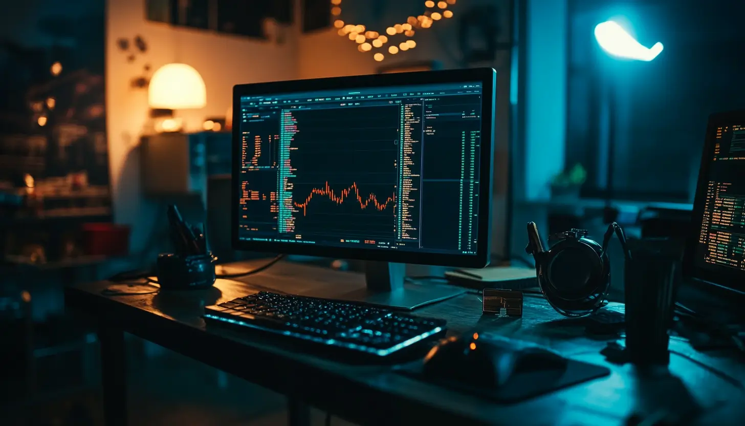 暗い部屋で株価チャートが表示されたコンピューター画面、キーボードとヘッドフォンが並ぶ