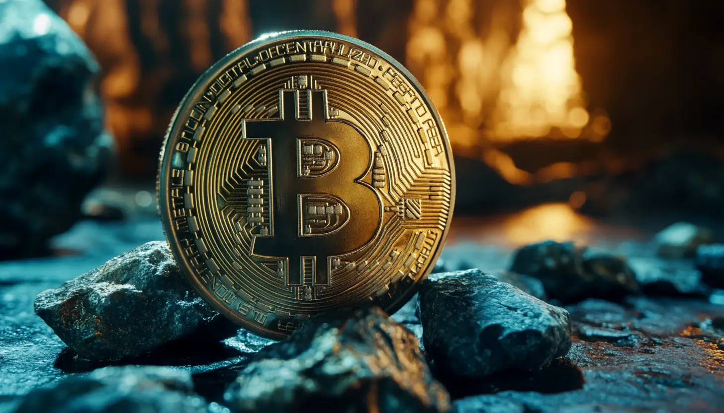 岩の上に置かれた金色のビットコイン、背景に暖かな光