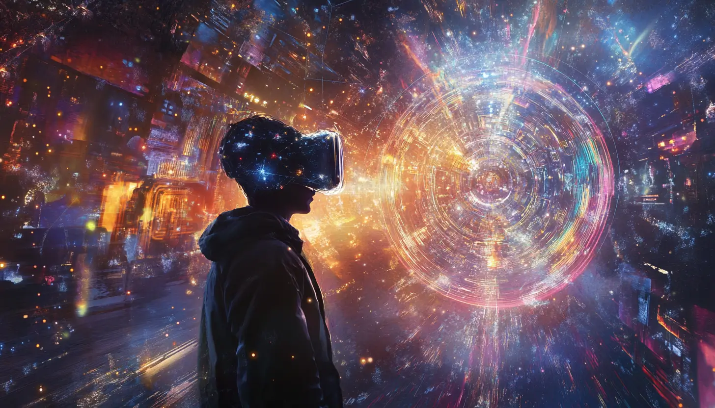 VRヘッドセットを着用した人物のシルエットと、カラフルな光の渦巻く未来的な空間