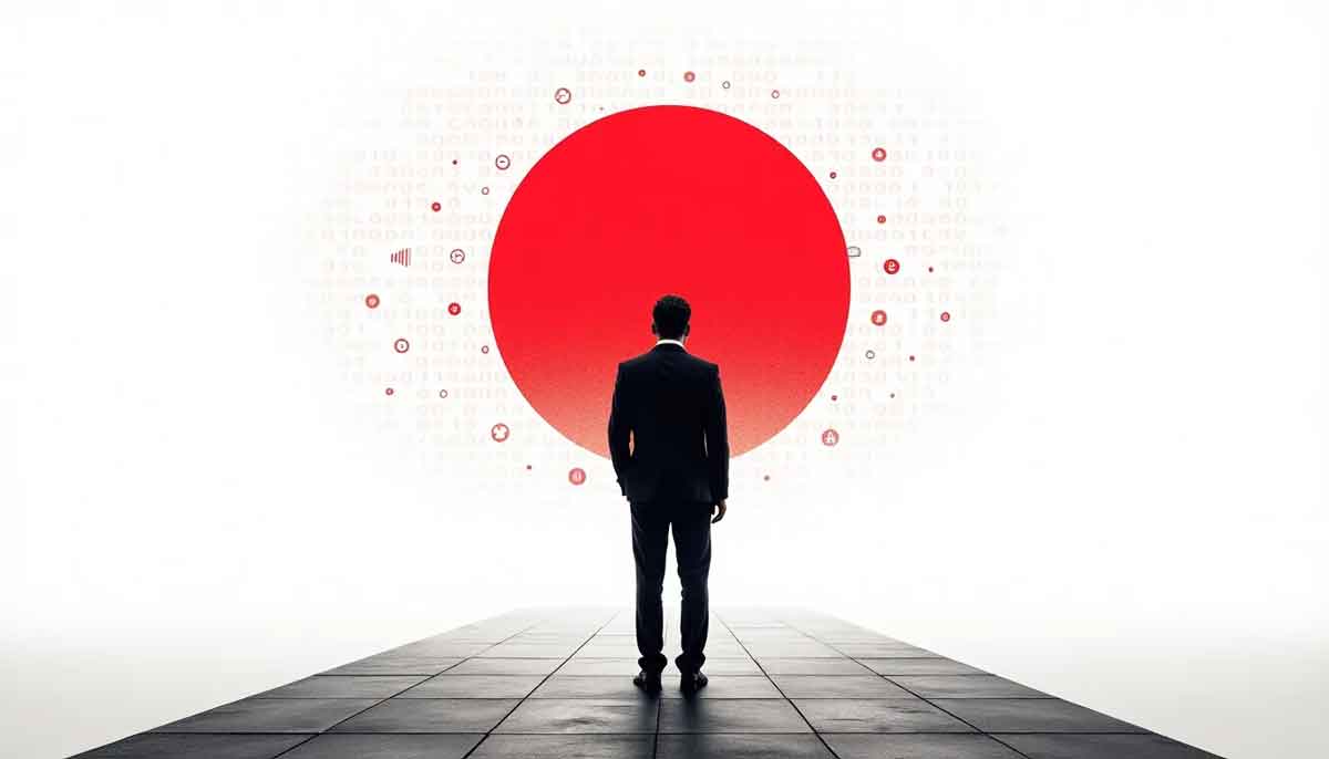 未来的なデジタル大臣が、バイナリーコードとブロックチェーンの交差点に立ち、日本の国旗が仮想通貨シンボルの日の出に溶け込む様子