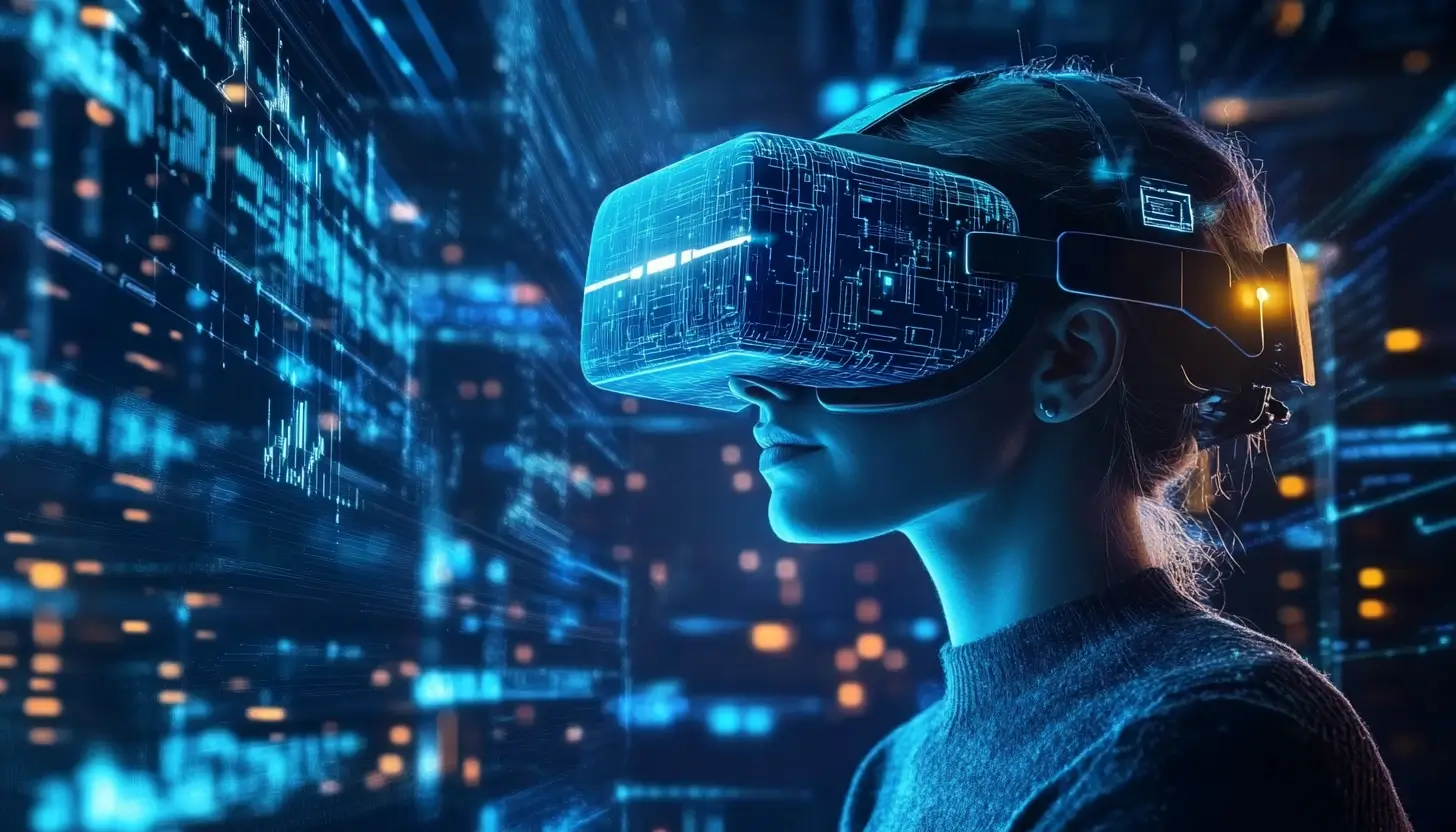 未来的なデジタル空間でVRヘッドセットを着用した女性の横顔